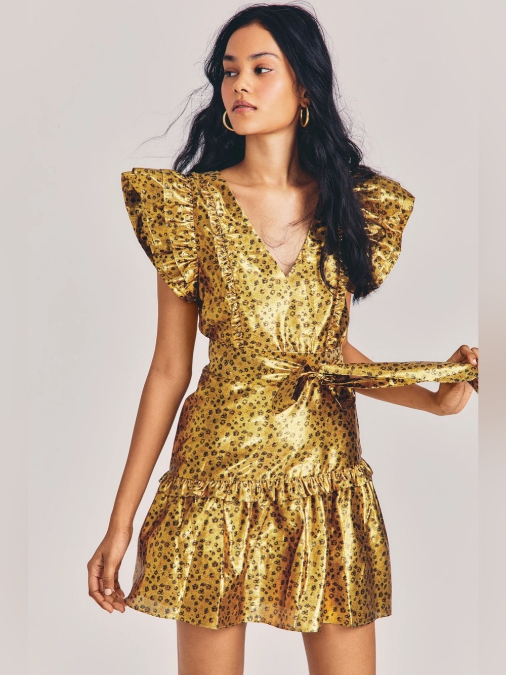 Love Shack Fancy “Zoya” gold metallic leopard print ruffle belted party dress 2